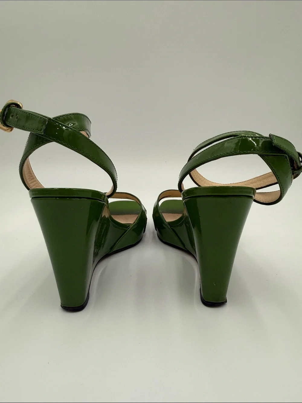 Prada Patent Green Wedge Sandals with Ankle Strap